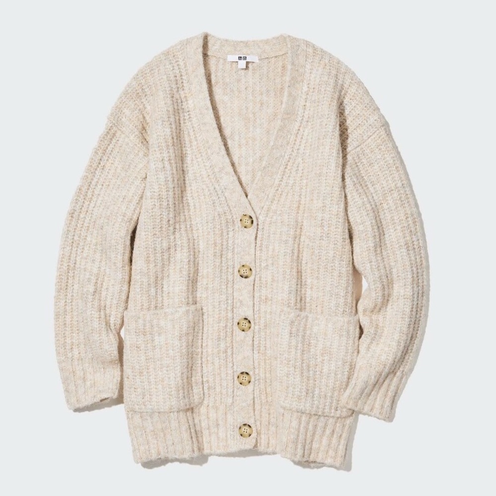 UNIQLO Women’s Low Gauge V-Neck Long-Sleeve Cardigan Wool Blend in Natural - S